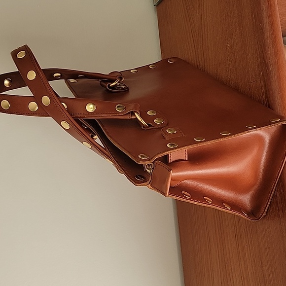 Hammitt Cognac Leather Brentwood Satchel Handbag with Gold Studs - Picture 4 of 16